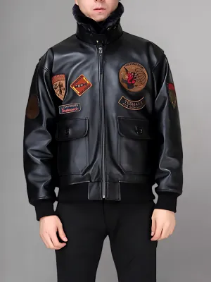 Aviator Black Leather Jacket Integrated Embroidery