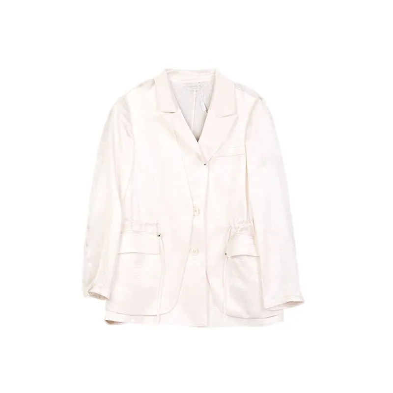 Beige Acetate Drawstring Waist Casual Blazer