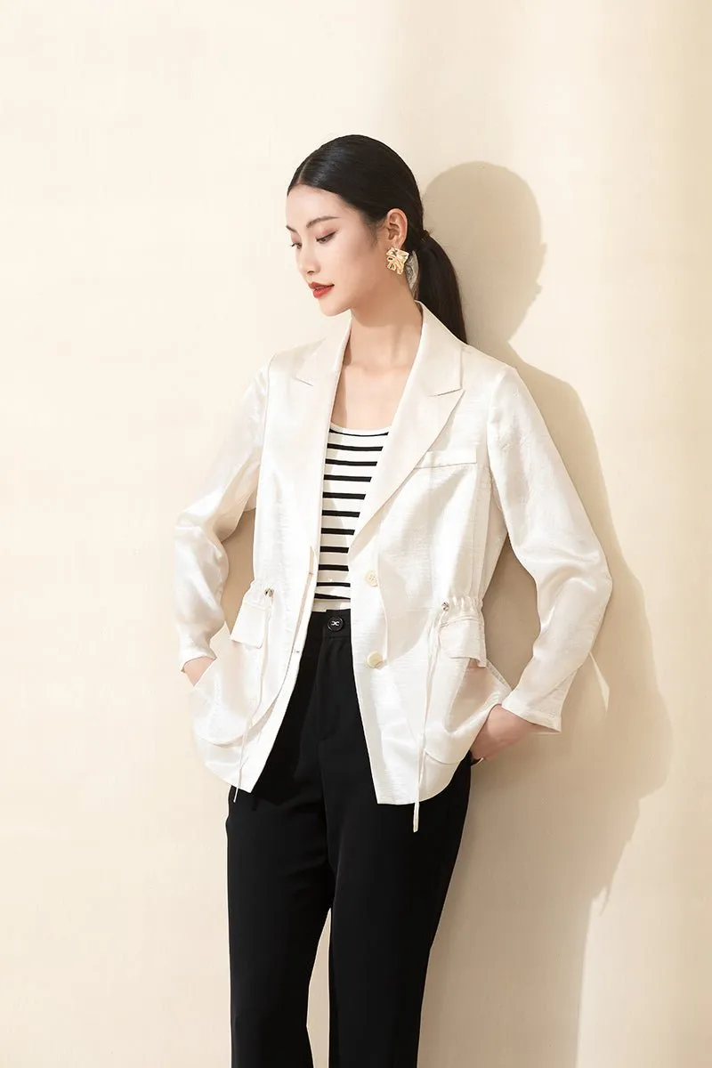 Beige Acetate Drawstring Waist Casual Blazer