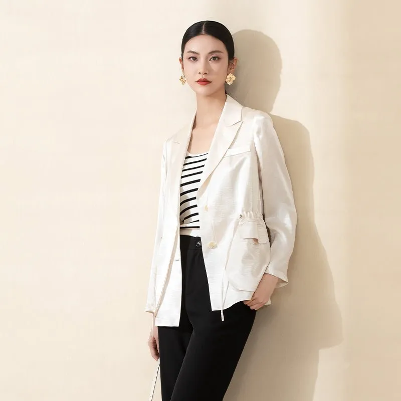 Beige Acetate Drawstring Waist Casual Blazer