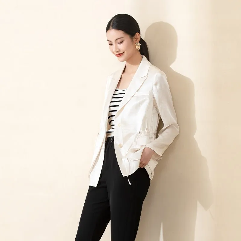 Beige Acetate Drawstring Waist Casual Blazer