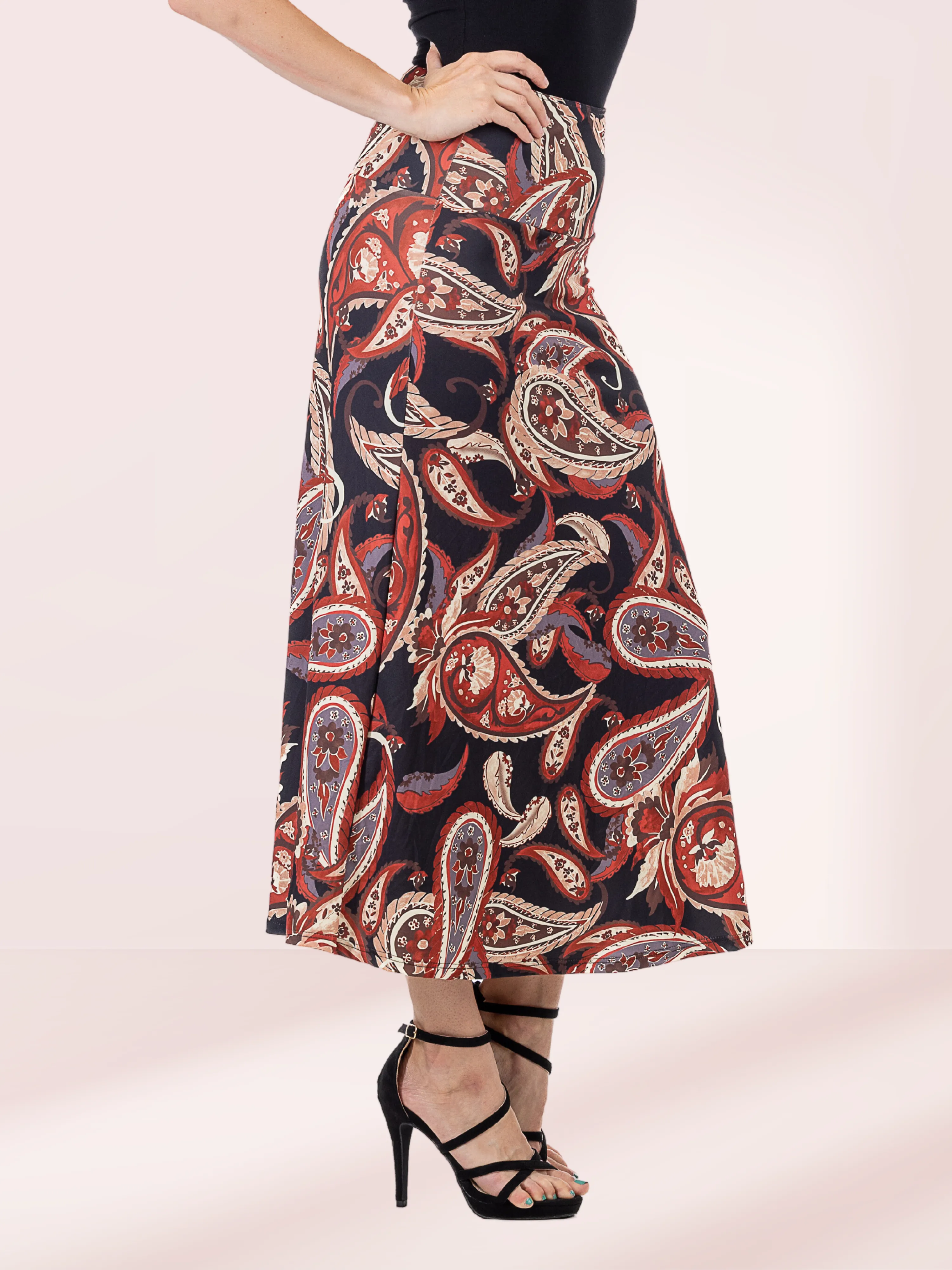 Black and Red Paisley Print Maxi Skirt