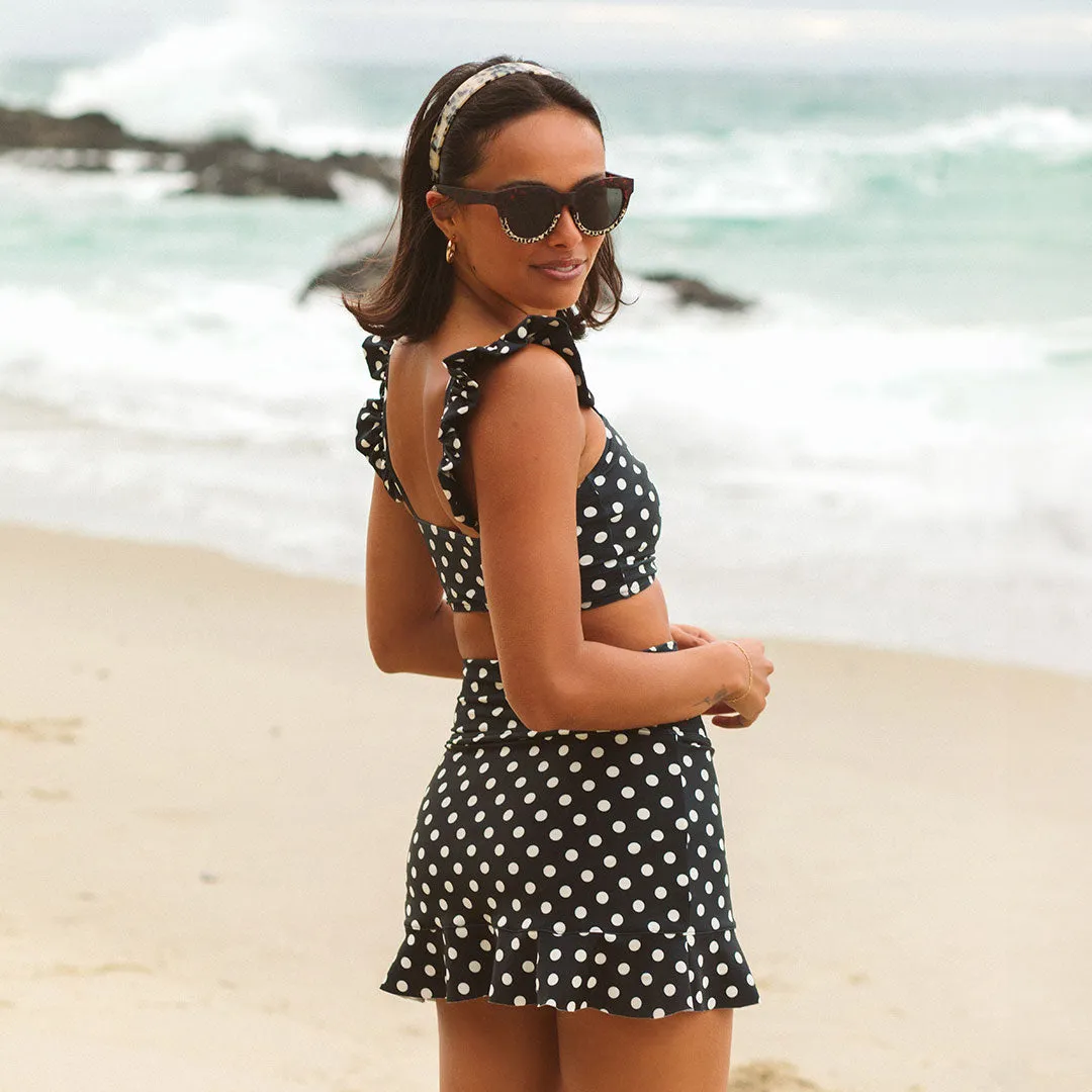 Black Polka Dot High-Waisted Swim Skirt