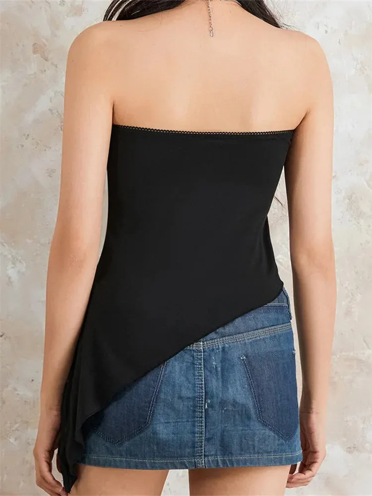 Black Strapless Off Shoulder Tie-up Bow Asymmetrical Hem Slim Fit Tube Mini Vest Cami Top