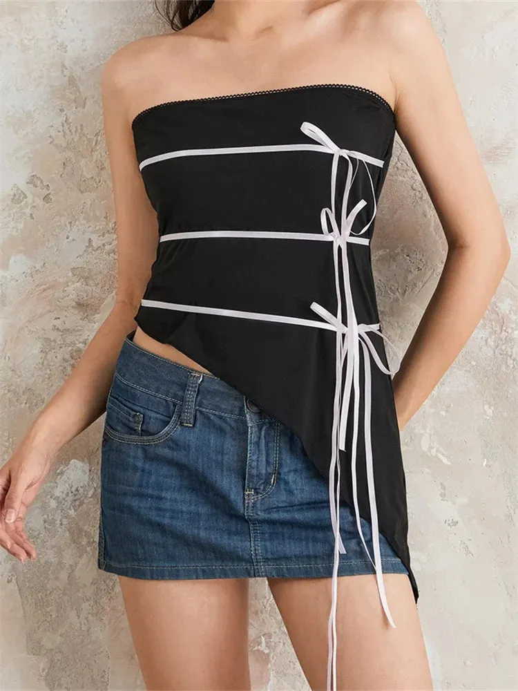 Black Strapless Off Shoulder Tie-up Bow Asymmetrical Hem Slim Fit Tube Mini Vest Cami Top