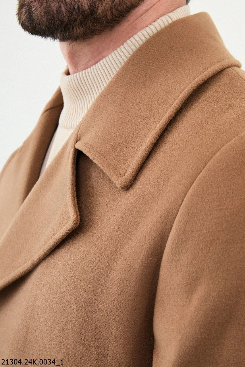 Classic Men's Camel Asymmetrical Button Peacoat.