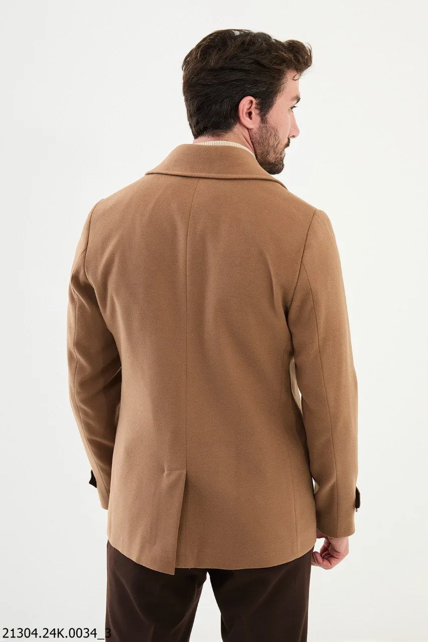 Classic Men's Camel Asymmetrical Button Peacoat.