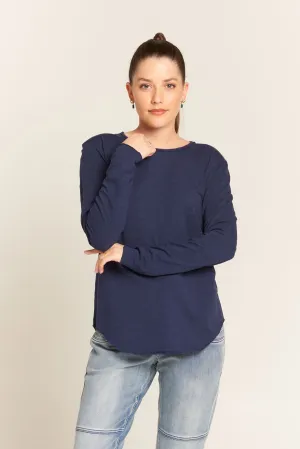 Cotton Long Sleeve Crew Neck Tee Shirt Navy