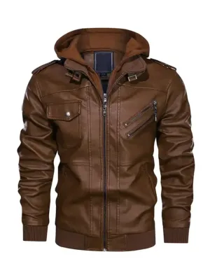 Distressed Brown Hooded Style Genuine Leather Jacket