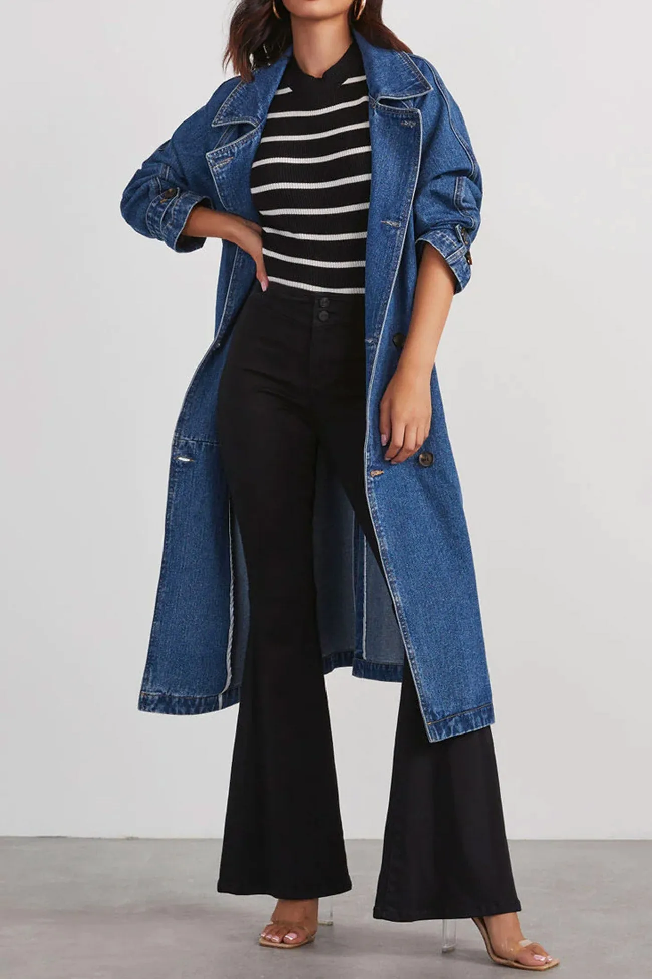 Double-breasted Strappy Denim Trench Coat