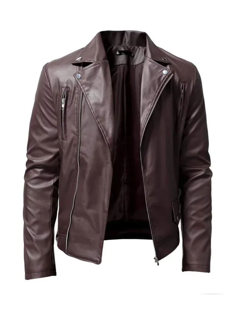 Elegant Brown Lapel Style Biker Leather Jacket