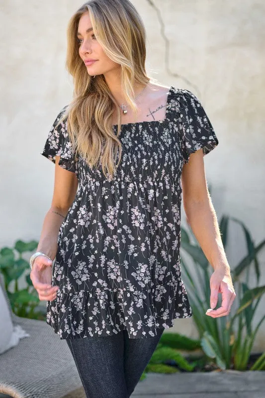 FLORAL PRINTED V NECK RUFFLE TOP