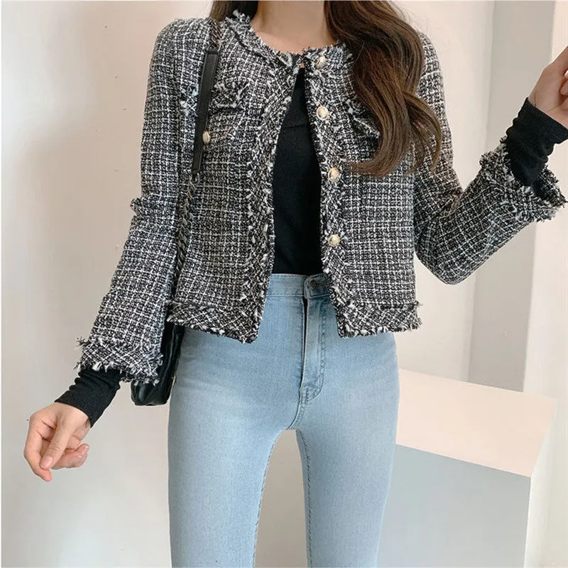 Frayed Slim-Fit Open Front Plaid Jacket