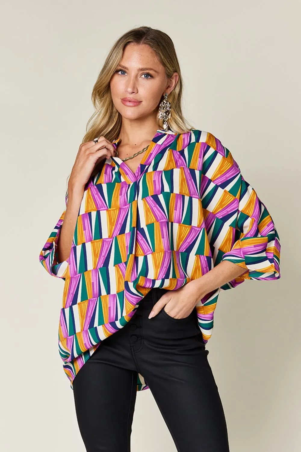 Full Size Geometric Notched Raglan Sleeve Blouse