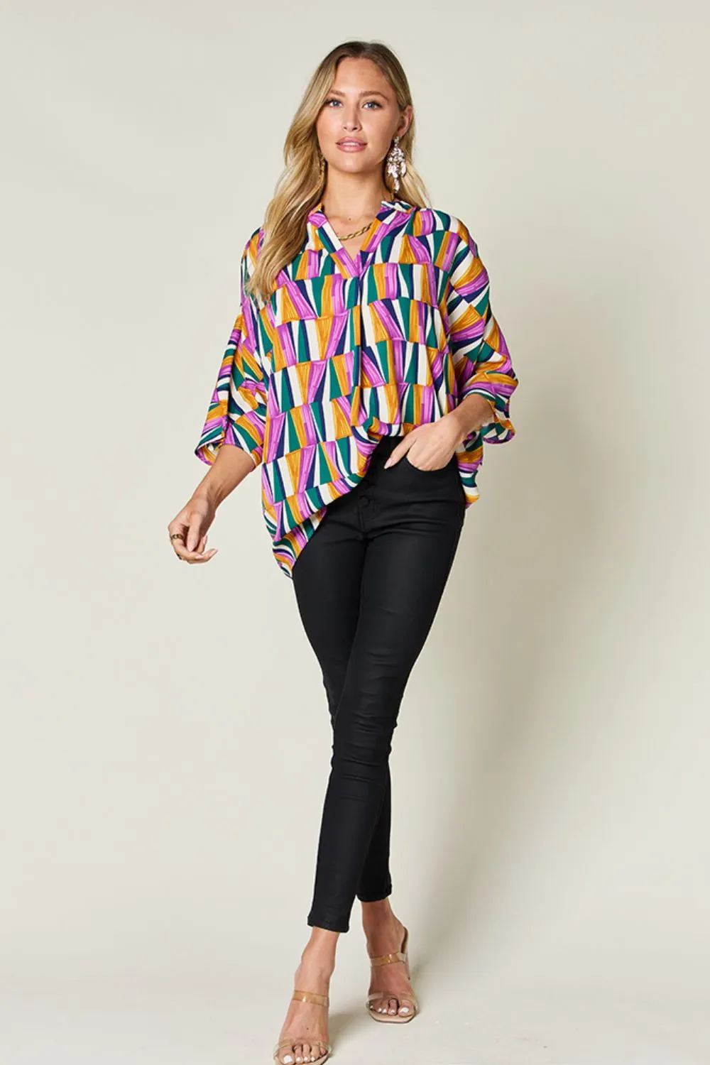 Full Size Geometric Notched Raglan Sleeve Blouse