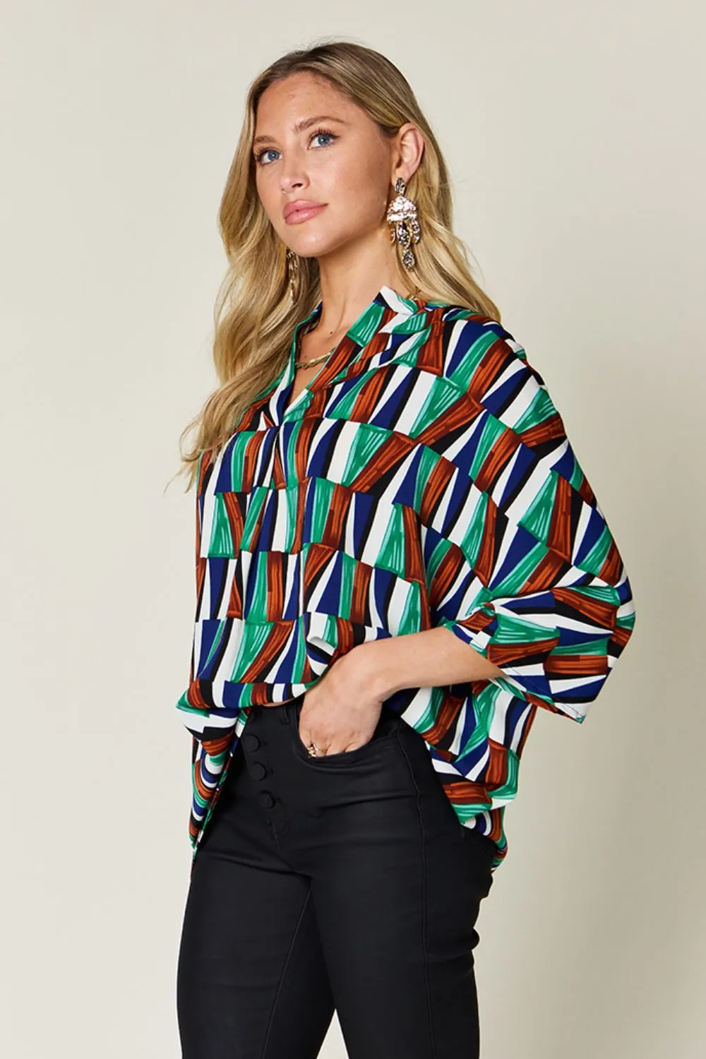 Full Size Geometric Notched Raglan Sleeve Blouse