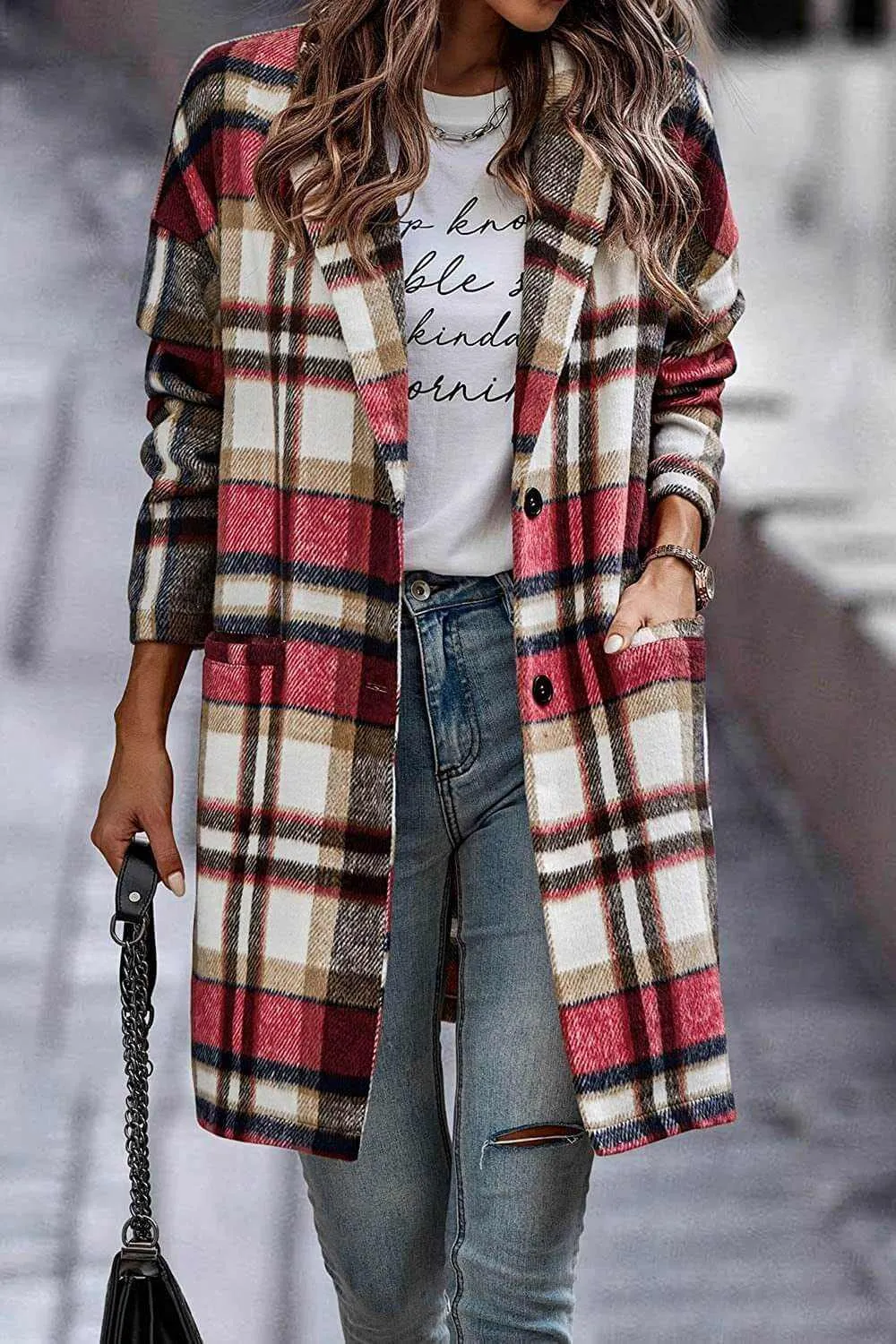 Glow Chic's Plaid Long Woolen Coat With Pockets