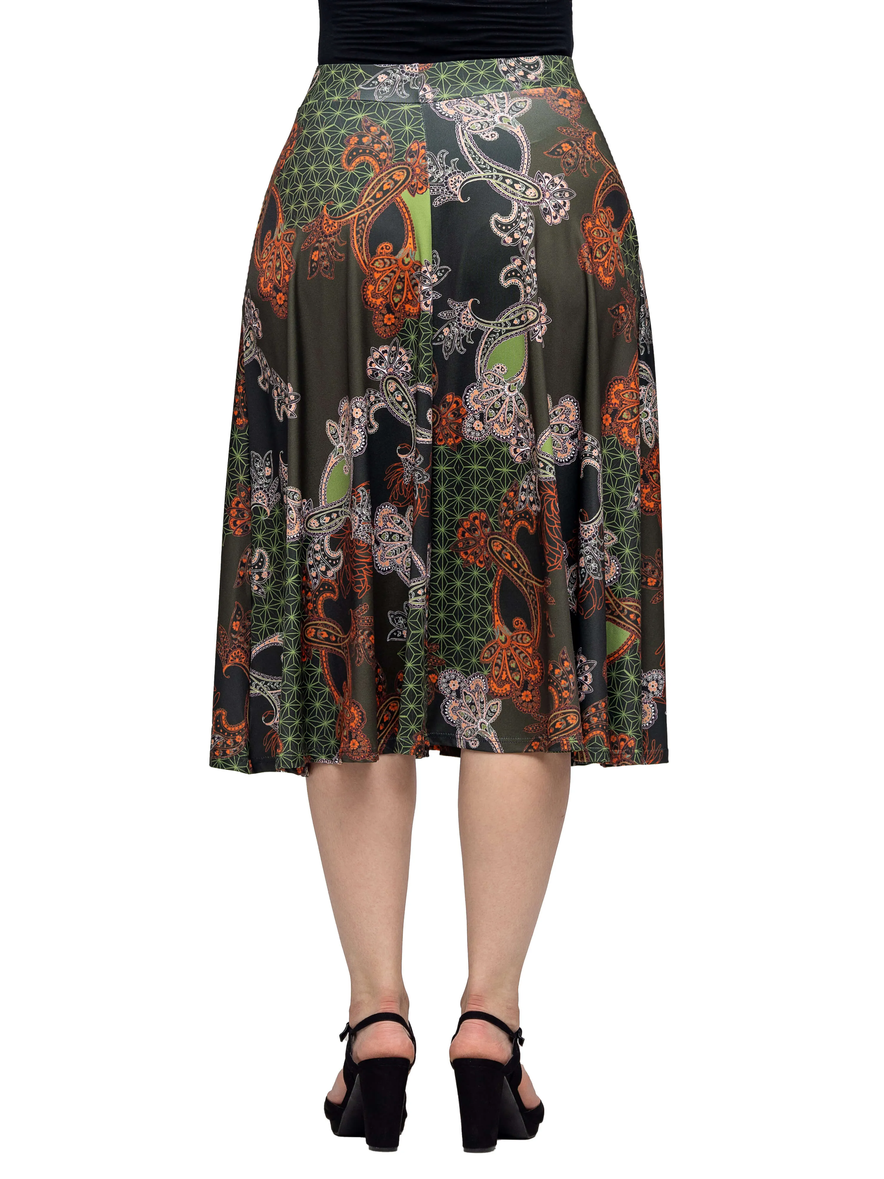 Green Print Elastic Waist Pocket Midi Skirt