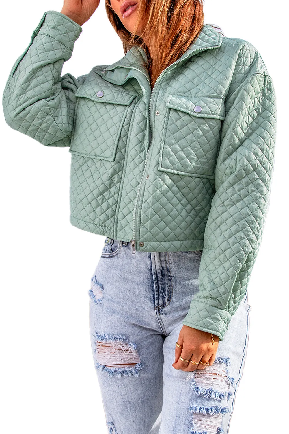 Green Quilted Pocketed Zip-Up Cropped Jacket