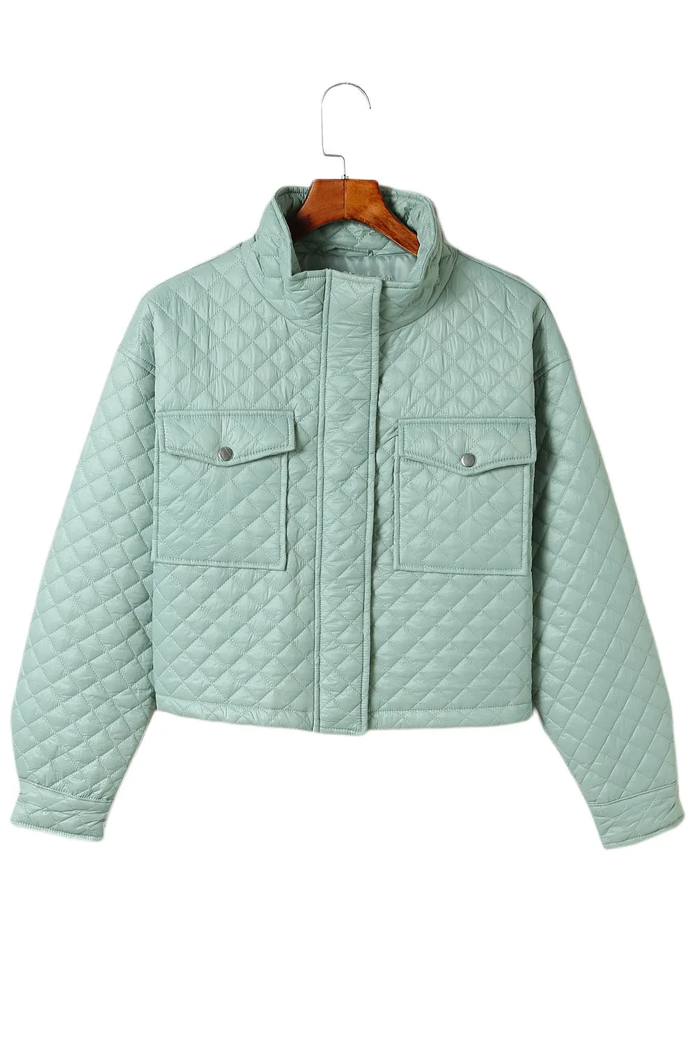 Green Quilted Pocketed Zip-Up Cropped Jacket