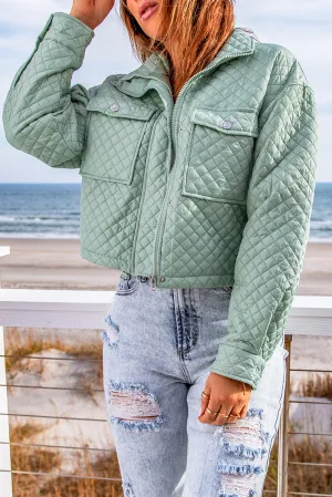 Green Quilted Pocketed Zip-Up Cropped Jacket