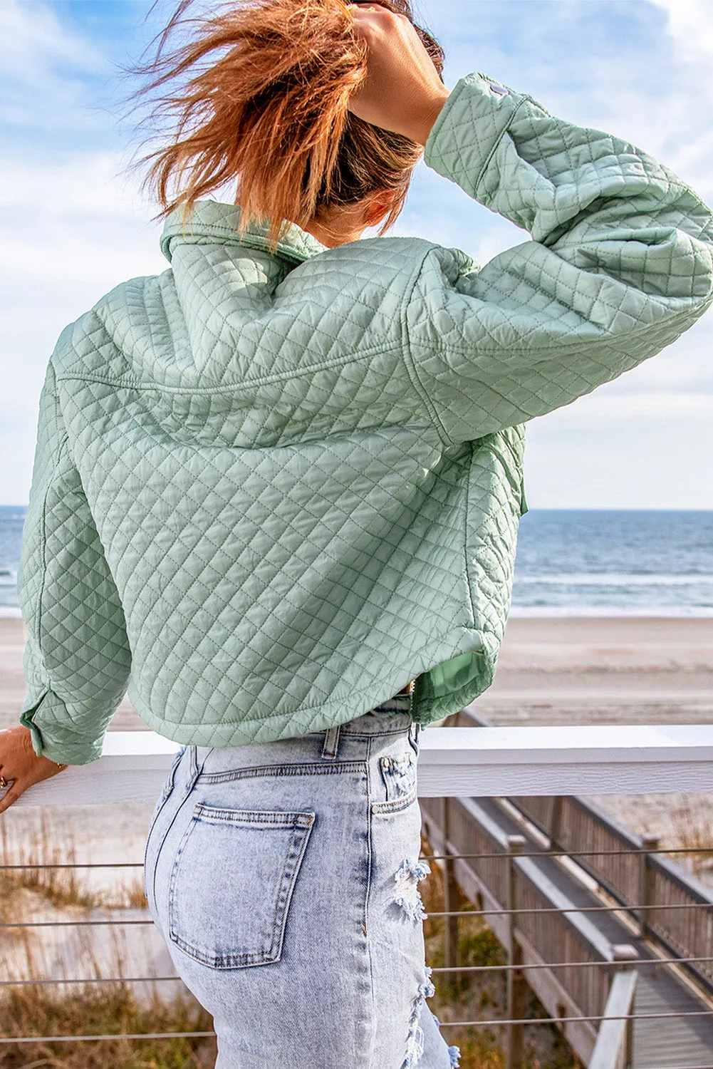 Green Quilted Pocketed Zip-Up Cropped Jacket