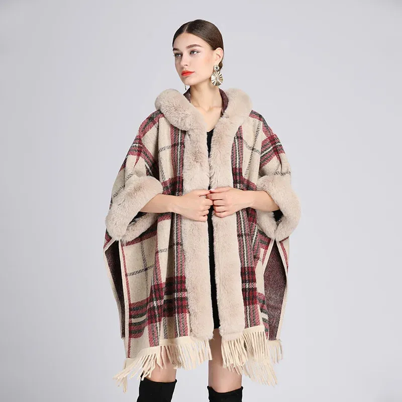 Hooded Plaid Poncho Imitation Rabbit Fur Cardigans Coats