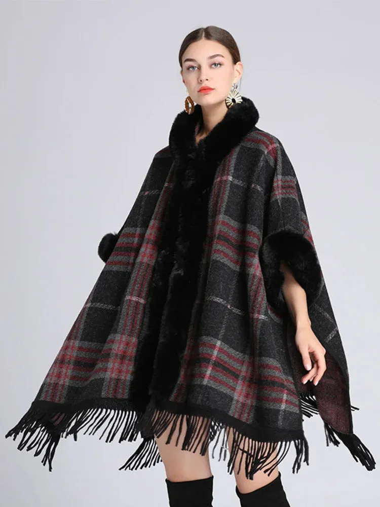 Hooded Plaid Poncho Imitation Rabbit Fur Cardigans Coats