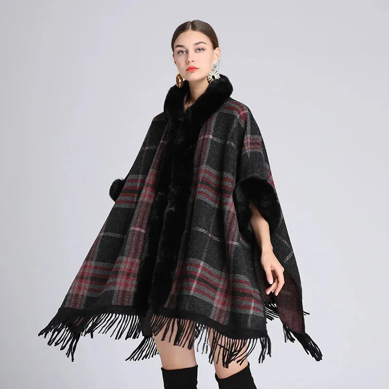 Hooded Plaid Poncho Imitation Rabbit Fur Cardigans Coats