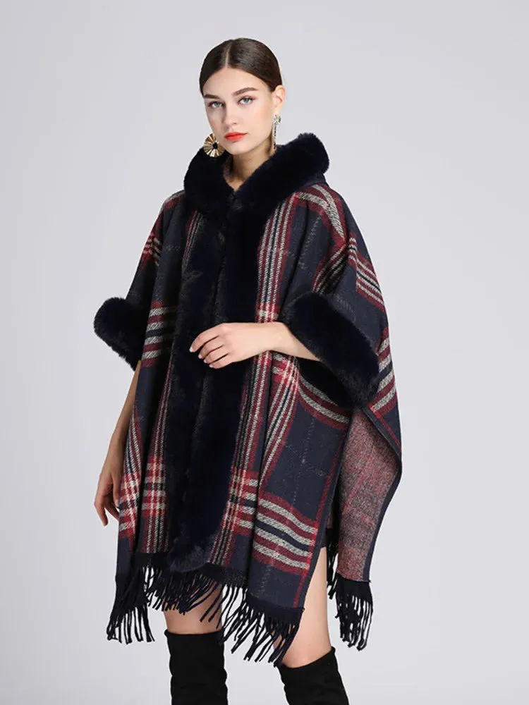 Hooded Plaid Poncho Imitation Rabbit Fur Cardigans Coats