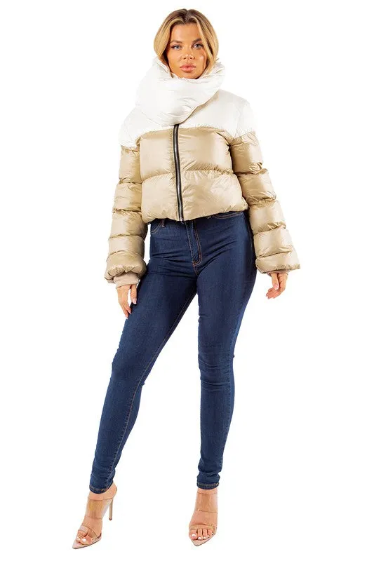 Hot Girl Cozy Cloud Color Block Cropped Puffer Jacket