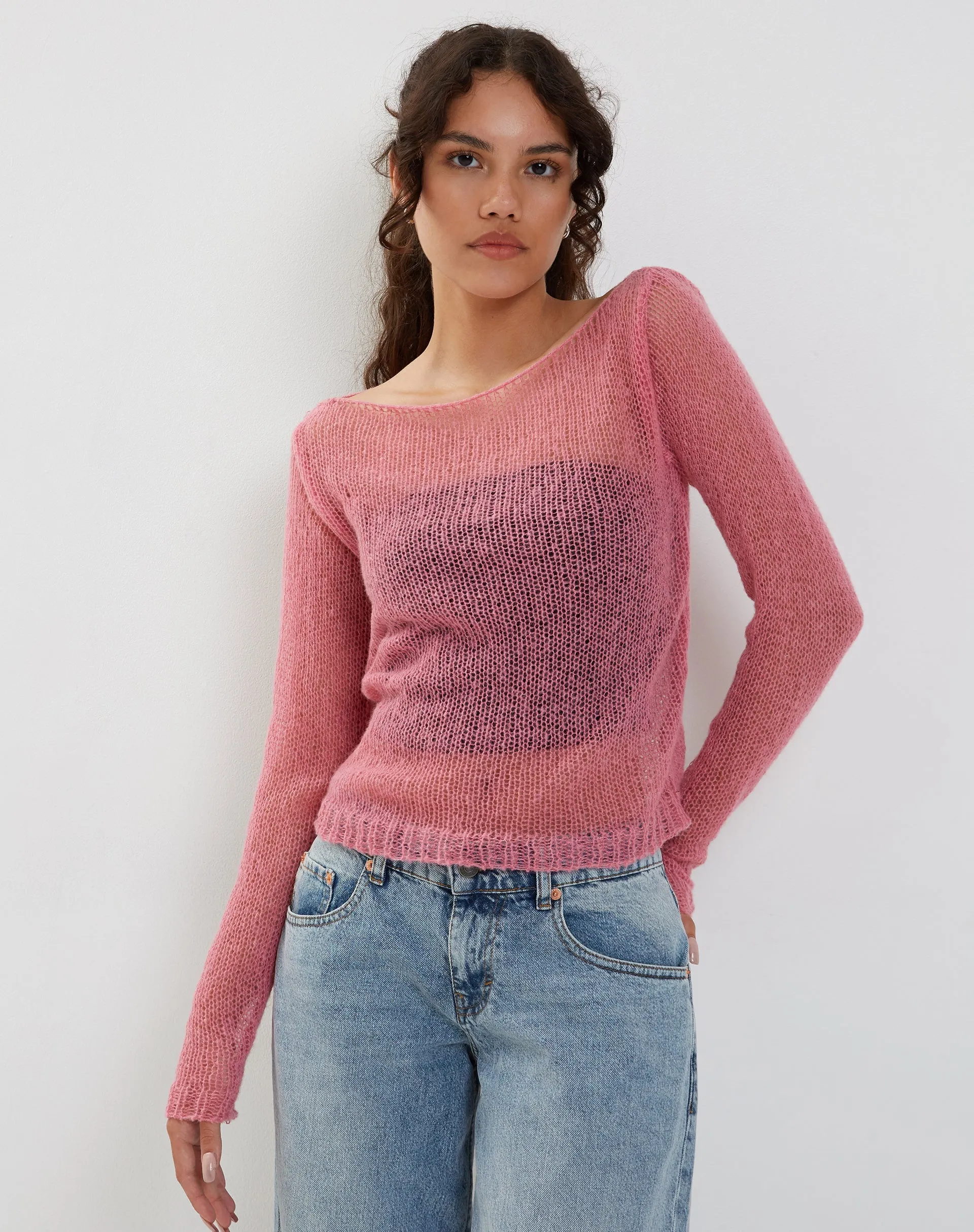 Imelda Fine Open Knit Long Sleeve Top in Pink