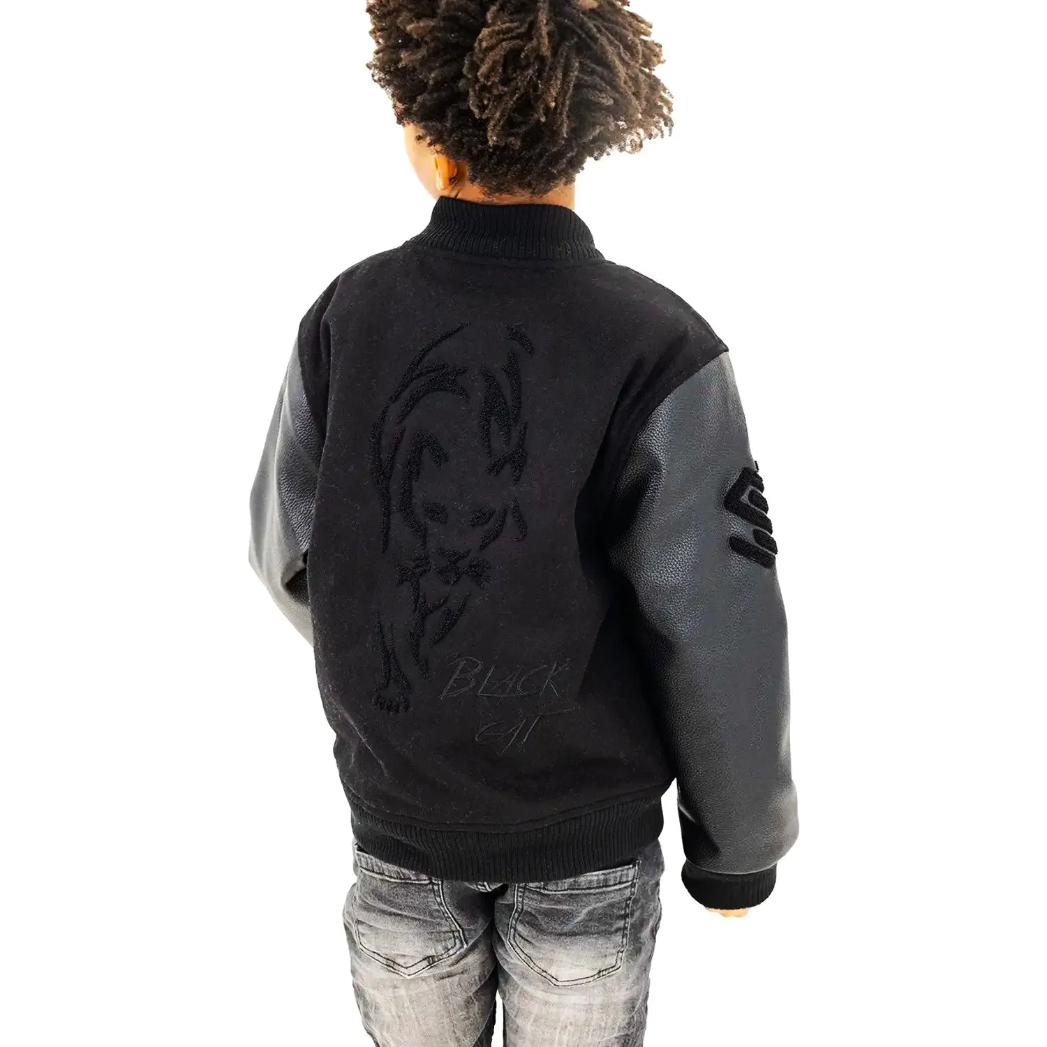 Kid's Black Cat Wool Varsity Jacket