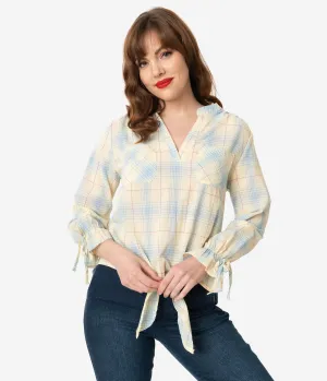 Lemon & Blue Plaid Front Tie Blouse