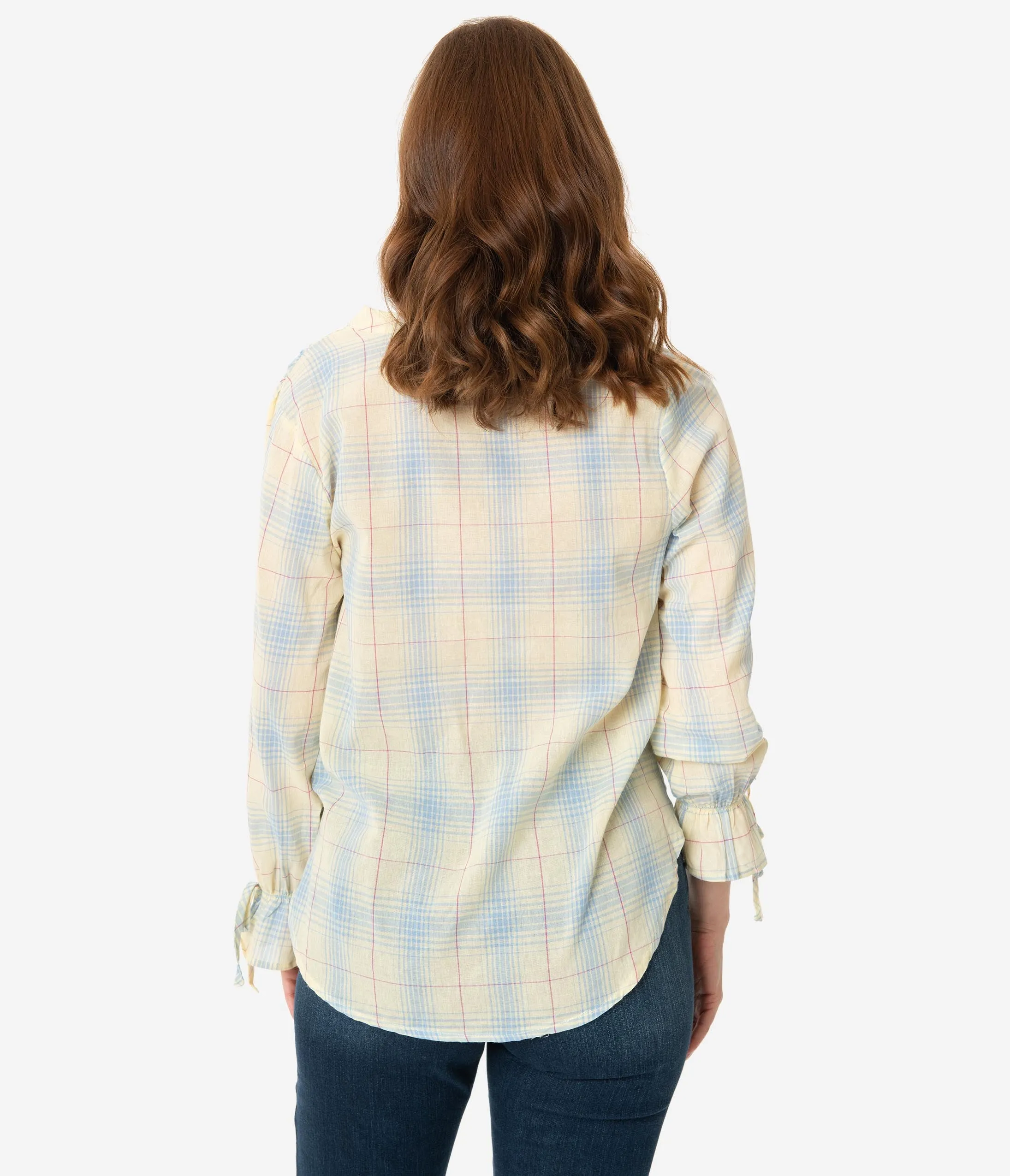 Lemon & Blue Plaid Front Tie Blouse