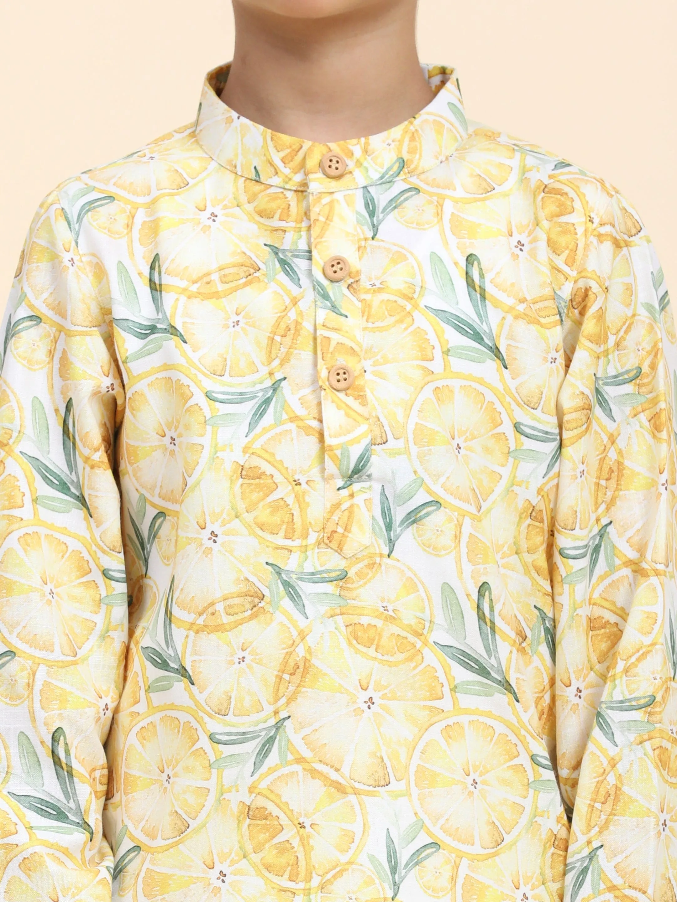 Lemon Print Vestiario's Blend Linen Kurta Pajama Set