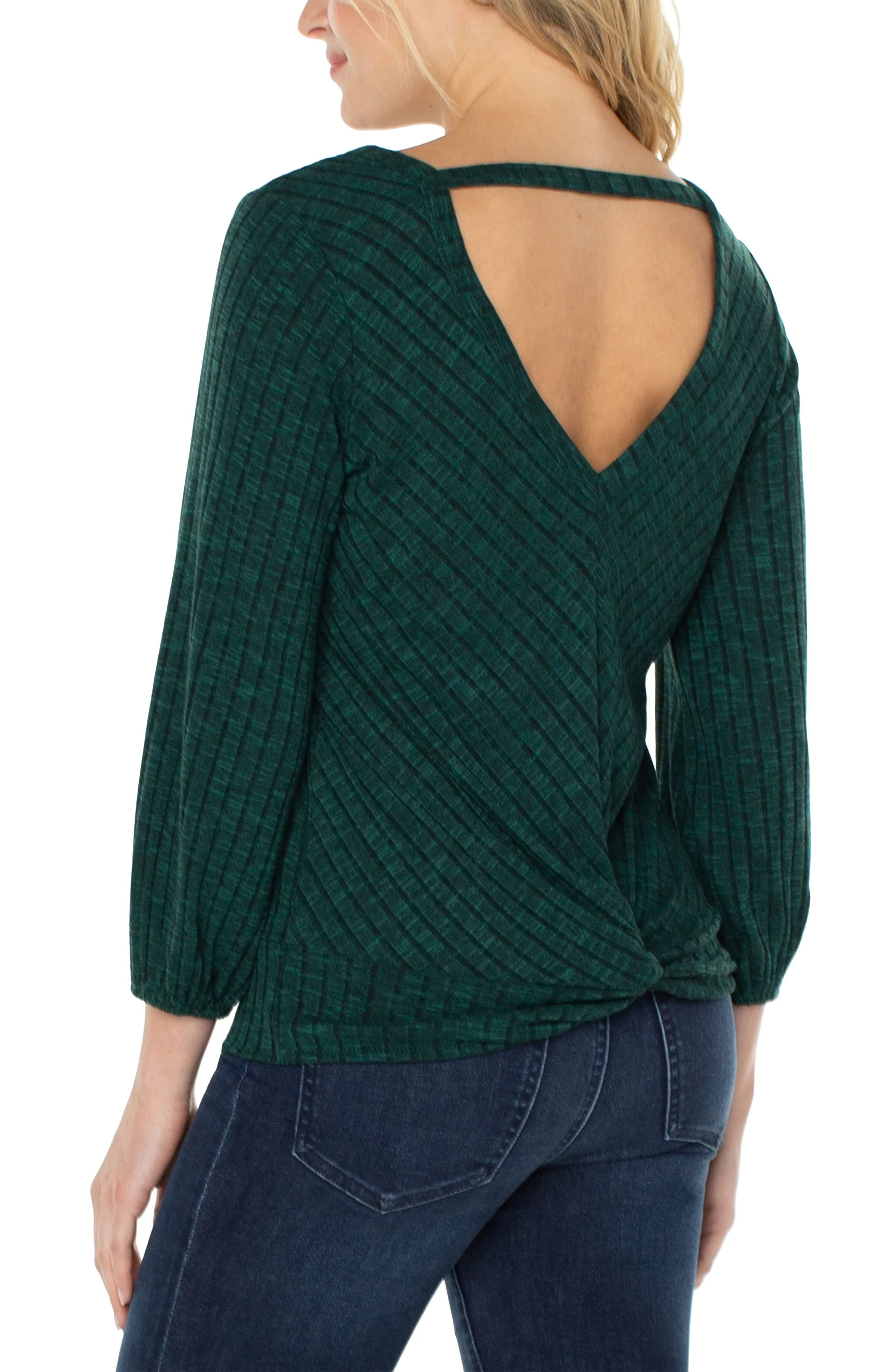 Liverpool 3/4 Sleeve Twist Back Scoop Neck Knit Top (Deep Emerald Green)