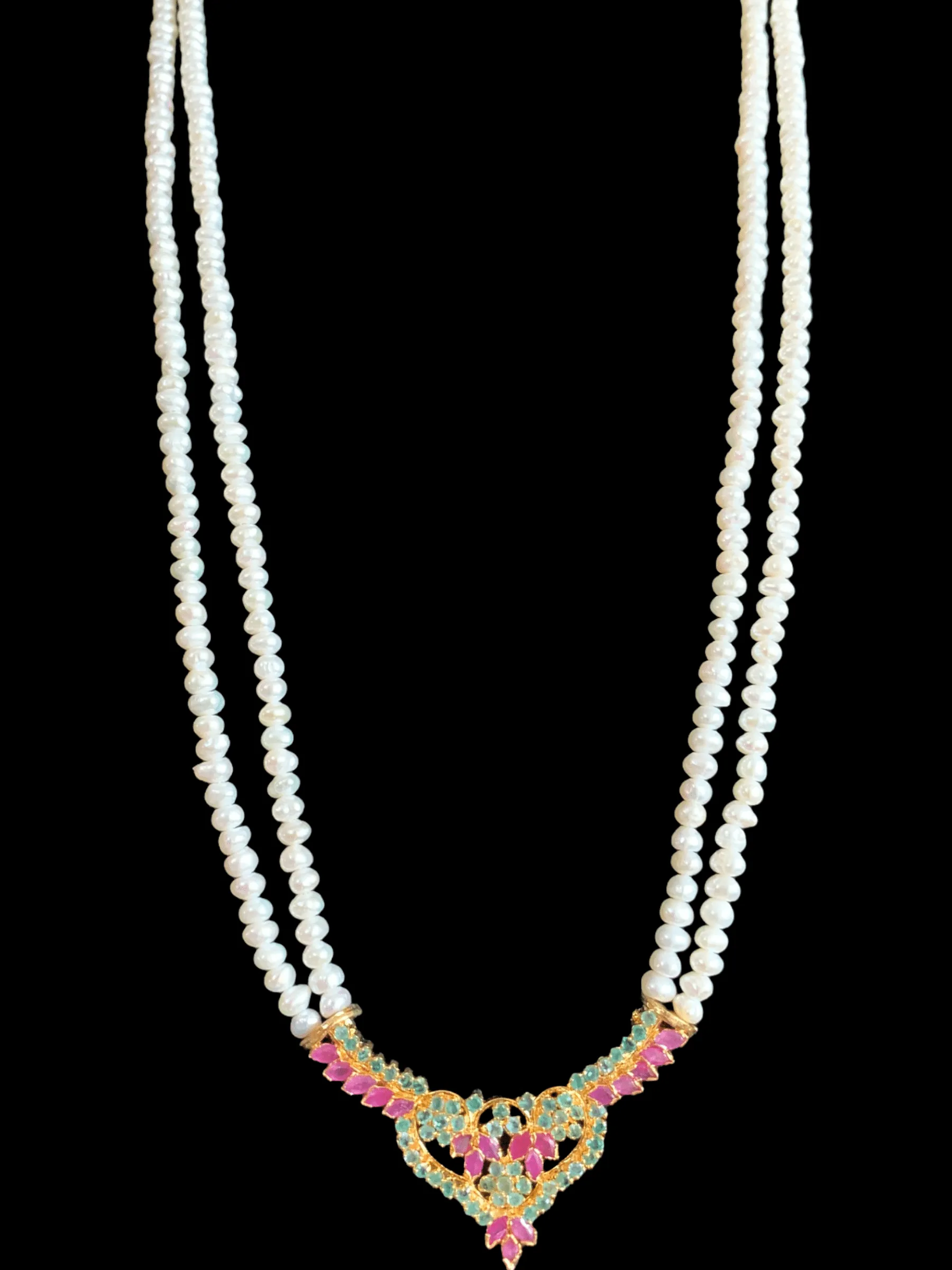 LN131 Ruby emerald long  necklace  set in fresh water pearls ( READY TO SHIP )