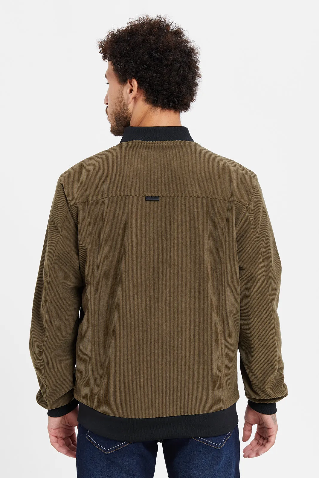 Men Olive Corduroy Bomber Jacket