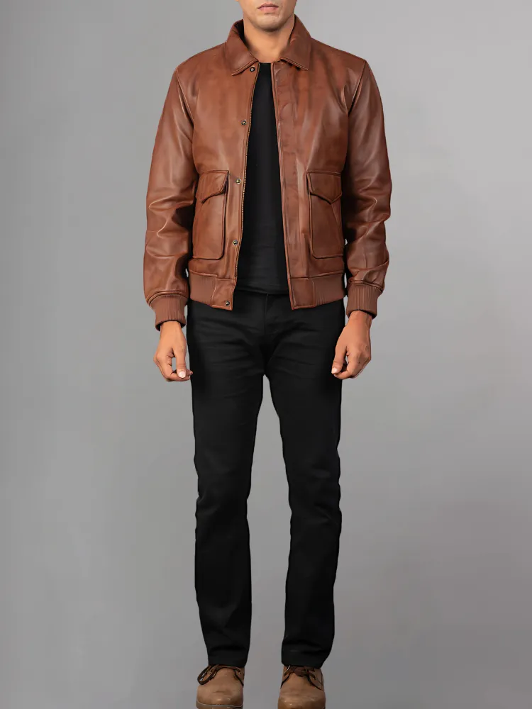 Men Real Leather Jackets Vintage Stand Collar