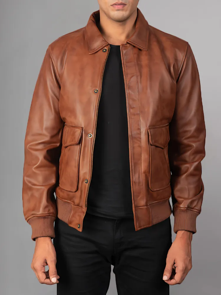 Men Real Leather Jackets Vintage Stand Collar