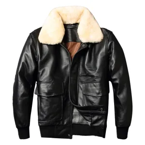 Men’s A2 Aviator Black Genuine Sheepskin Faux Fur Collar Air Force Pilot Casual Classic Bomber Leather Jacket