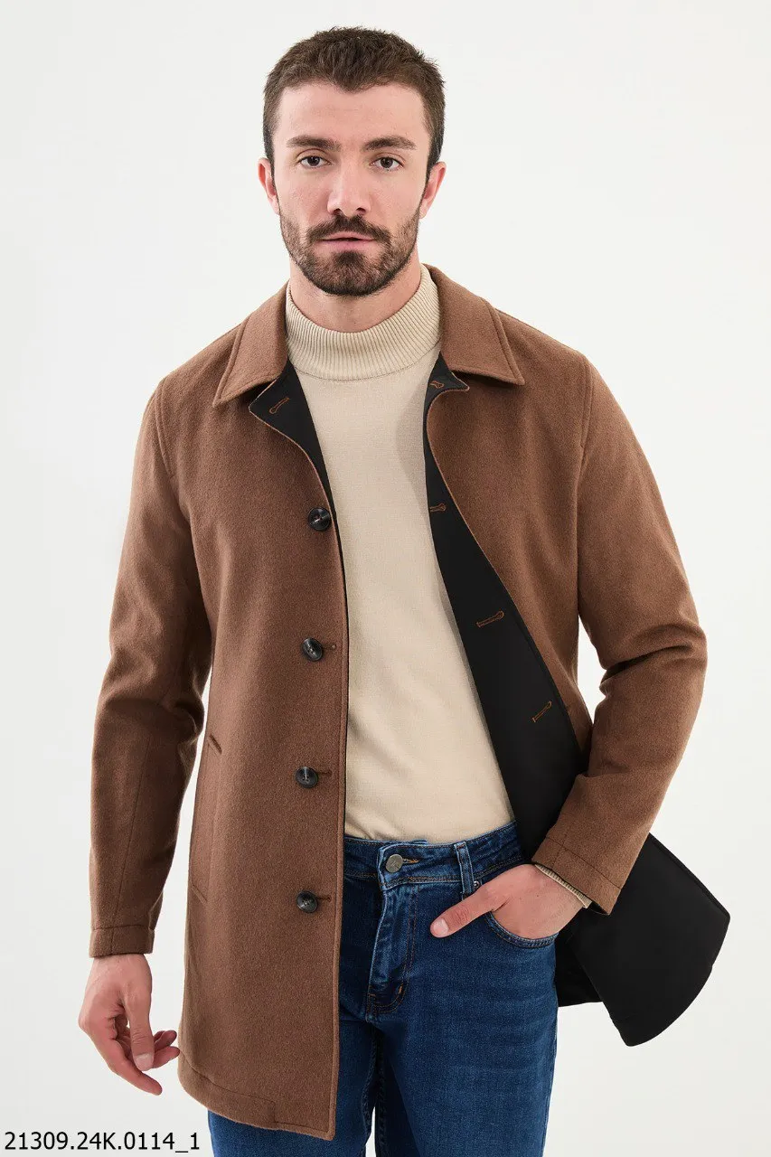 Men's Camel Brown Button-Down Cotton Blend Winter Coat