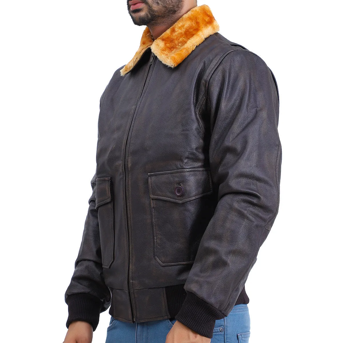 Mens Flight Aviator Bomber Brown Leather Jacket