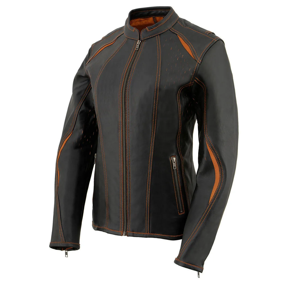 Milwaukee Leather MLL2502 Women's 'Laser Cut' Distressed Black and Orange Scuba Style Racer Jacket