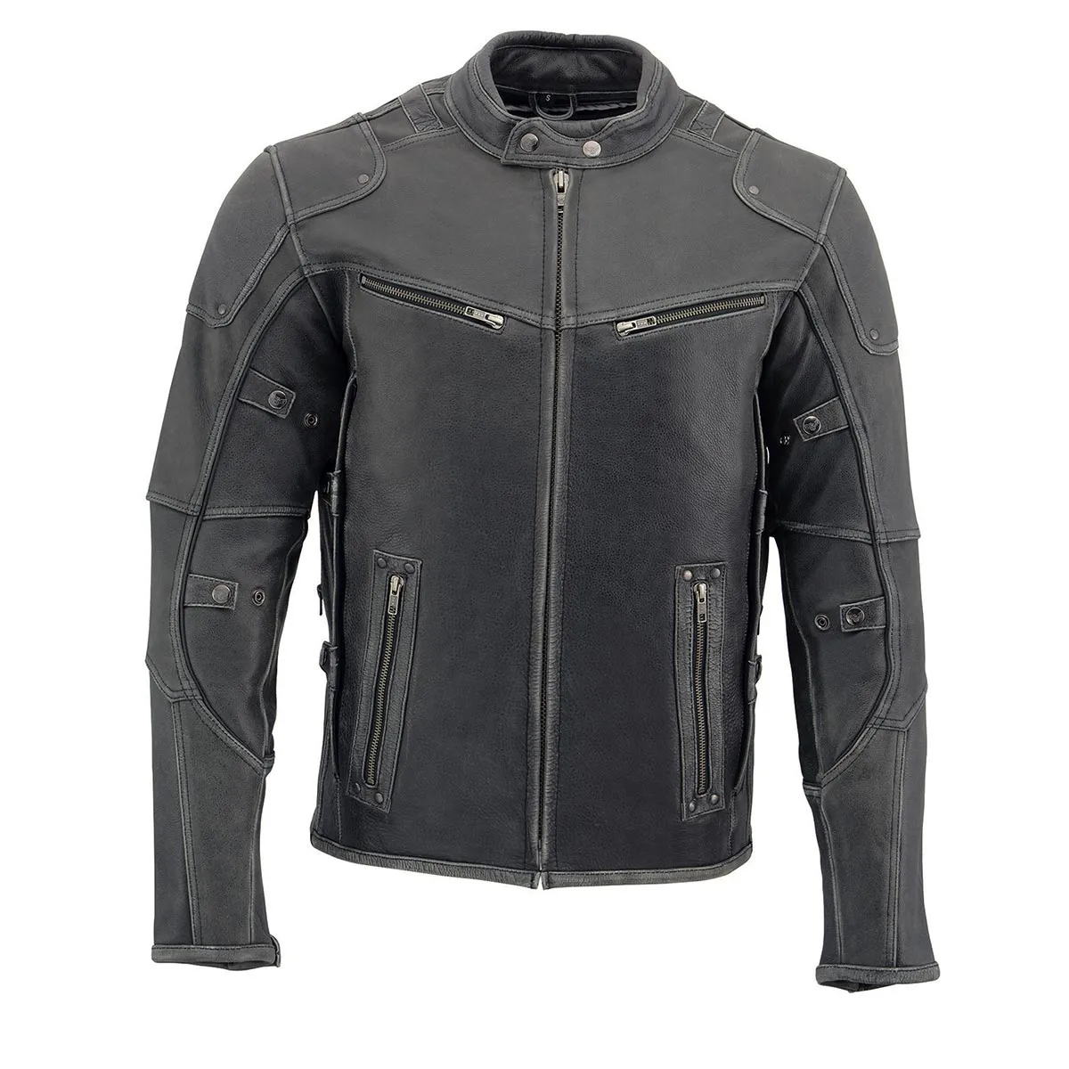 Milwaukee Leather MLM1536 Mens Vintage Distressed Grey Leather Scooter Style Motorcycle Jacket - Reflective Piping