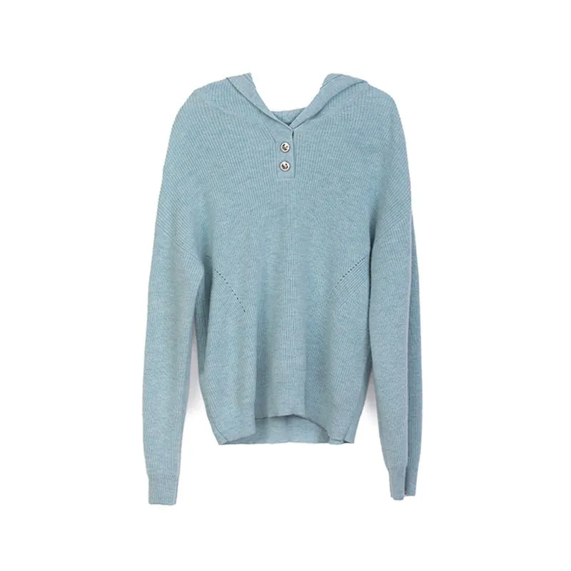 Mist Blue Long Sleeve Wool Hoodie Sweater