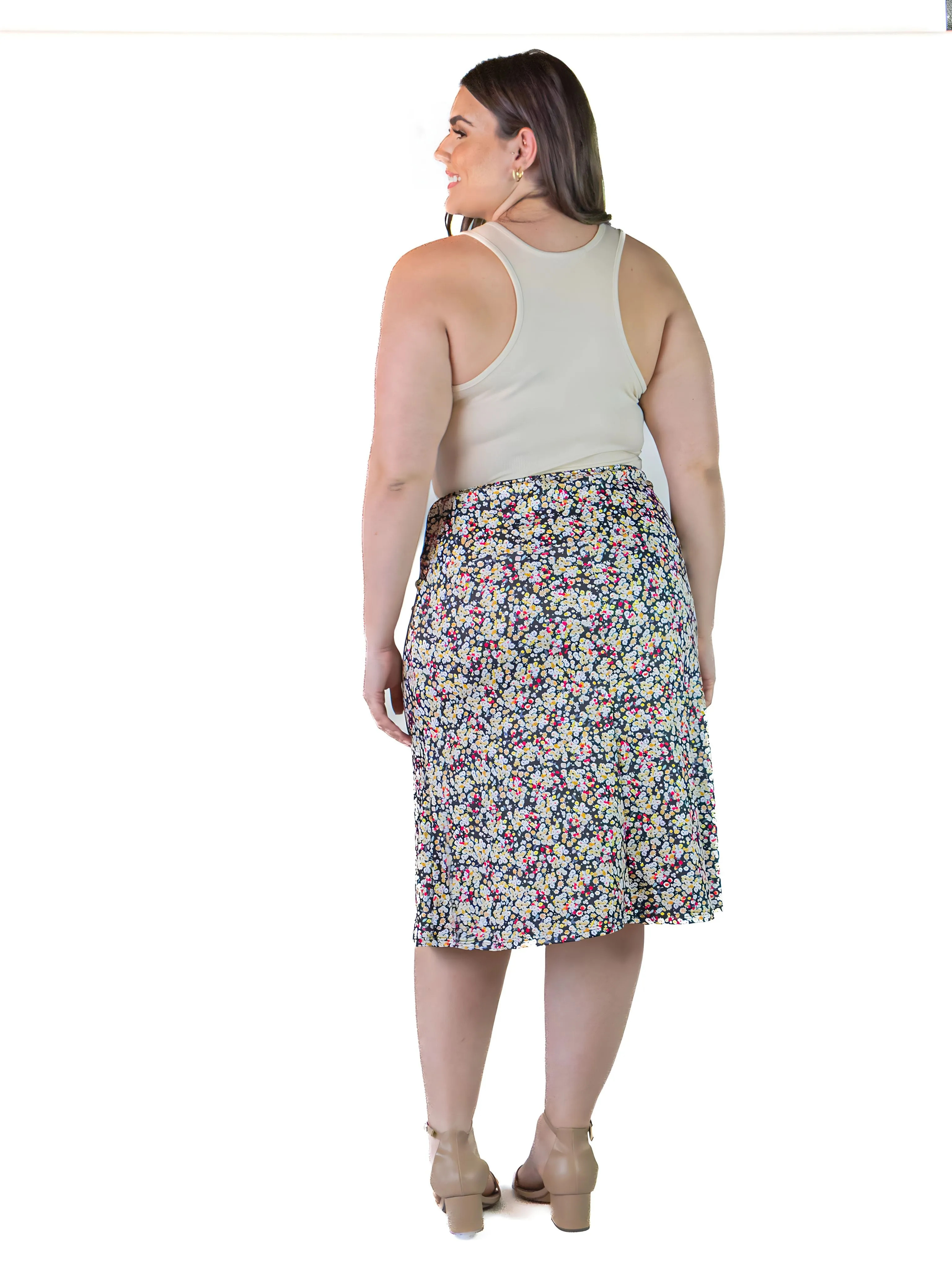 Plus Size Black Floral Print Elastic Waist Below Knee Length Skirt