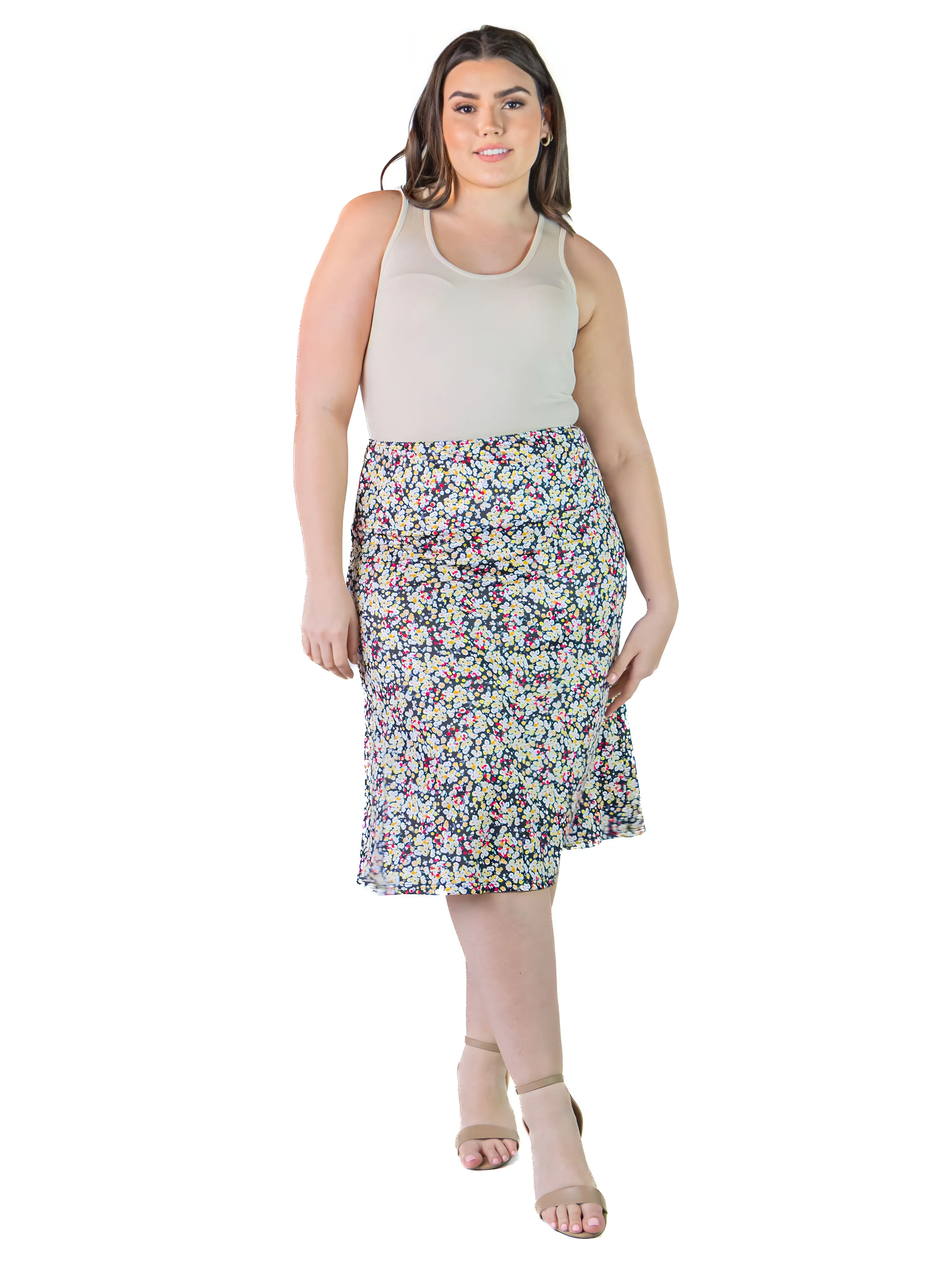 Plus Size Black Floral Print Elastic Waist Below Knee Length Skirt