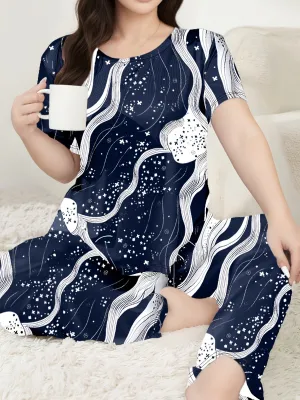 Plus Size Women's Elegant Loungewear Set with Star Graphic Top & Pants Pajamas"